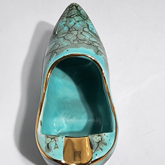 Vintage Dutch Ceramic Clog Shoe Turquoise and Gold Hand Painted Made in Holland - Picture 7 of 8